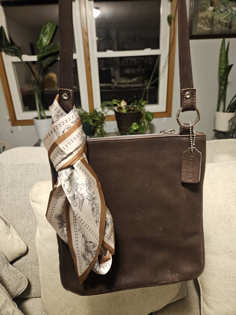 Coach Vintage Brown Leather Crossbody Bag with Sculpted Scarf Accent